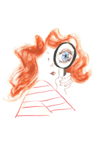 kleurrijke illustratie van een meisje met rood haar dat onderzoek doet, voor het boek Expeditie Jongerentaal van Acco