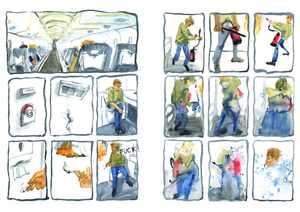kleurrijke aquareltekening voor een strip over een klunzige roker op het vliegtuig