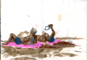 kleurrijke schets van twee mannen op het strand