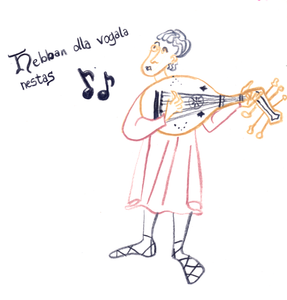 kleurrijke illustratie van een bard die oud-Nederlands zingt, voor het boek Expeditie Jongerentaal van Acco