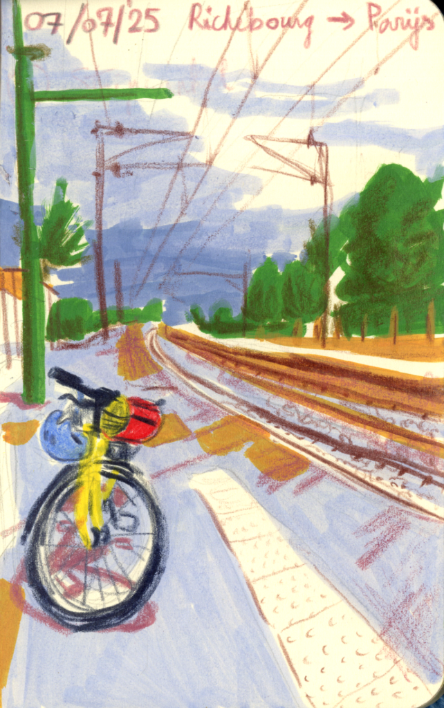 kleurrijke schets van fiets aan treinstation bij Parijs