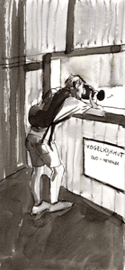 zwart-wit illustratie van een man in een vogelhut